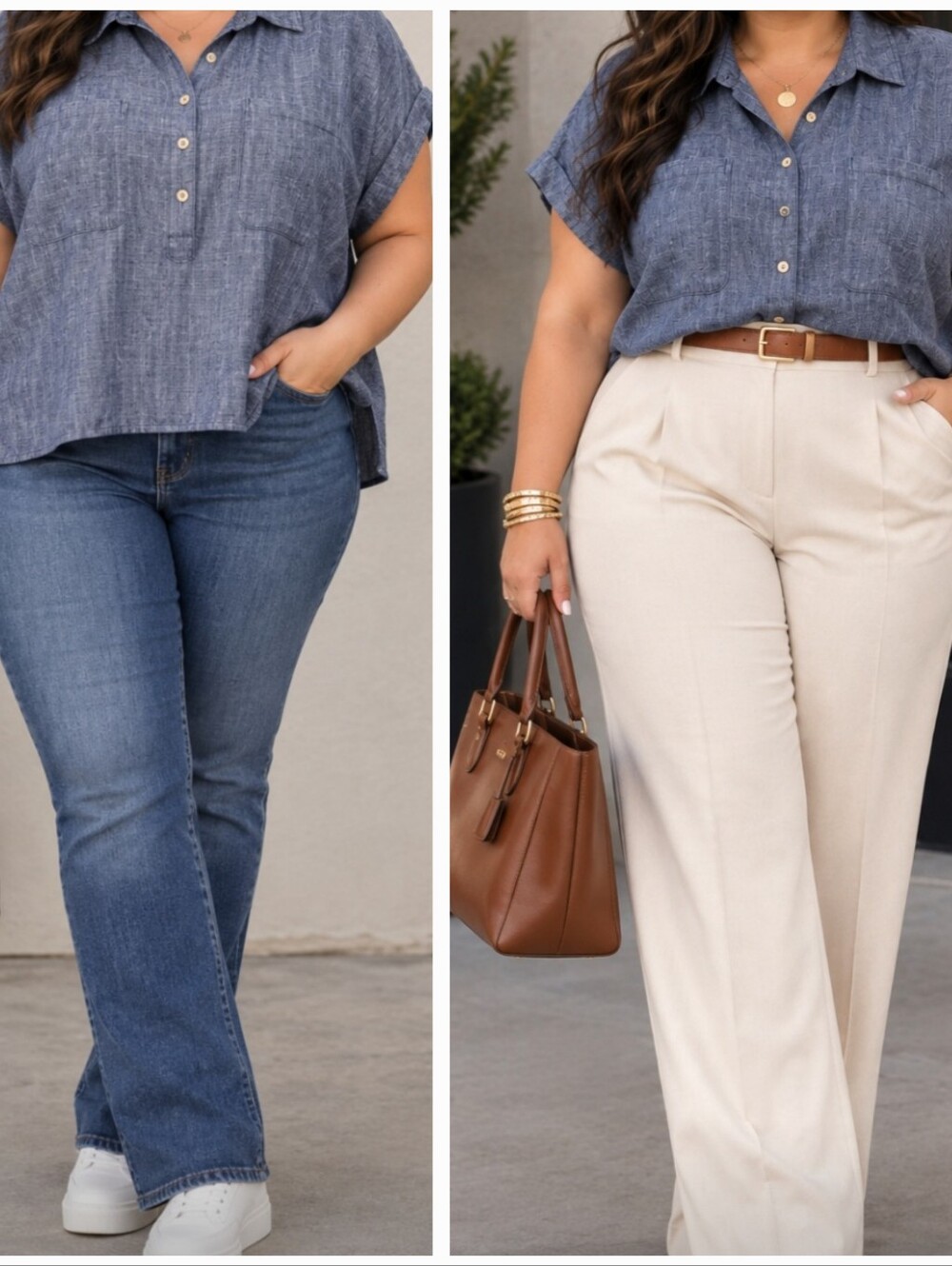 Relaxed Blue Short-Sleeve Button Blouse